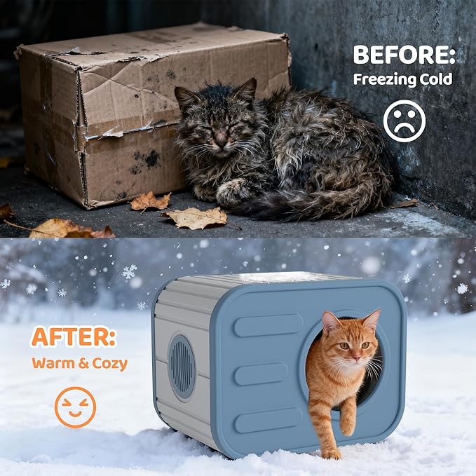 LHBcraft Outdoor Cat House Weatherproof, Feral Cat Houses for Outdoor Indoor Cats, Insulated Resin Shelter with Camera-Shaped Design, Easy to Assemble Blue