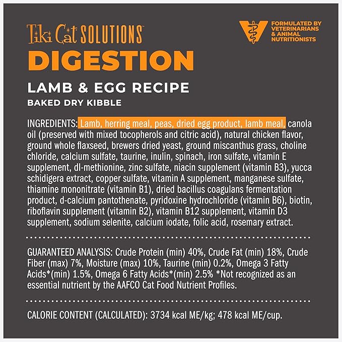 Tiki Cat Solutions Dry Cat Food, Digestion, Lamb & Egg, 5.6 lbs. Bag