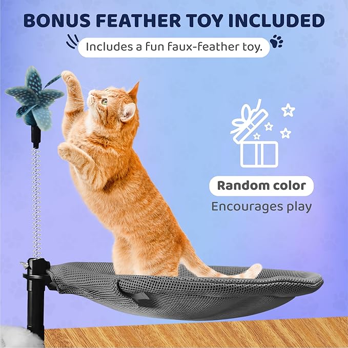2-Tier Cat Desk Bed – Dual Hammock Desk Mounted Perch for 1–2 Cats, Space-Saving Shelf with Soft Plush & Breathable Mesh Pads, Adjustable Height, Feather Toy Included