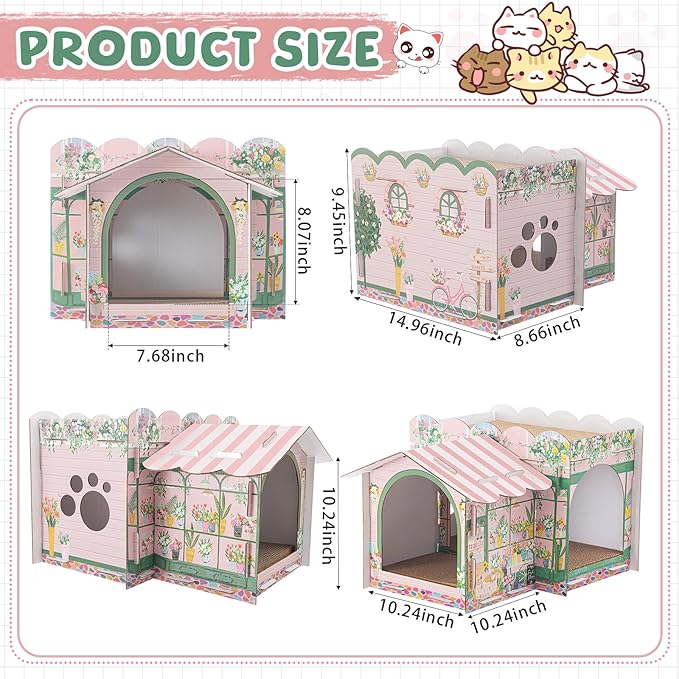 Lineshading 2 Story Cardboard Cat House with Scratcher Pad, Multi Level Durable Cat Scratcher House for Small Kitten Bunny Rabbit Animals Christmas Birthday Gift(17x12x10,Florist)