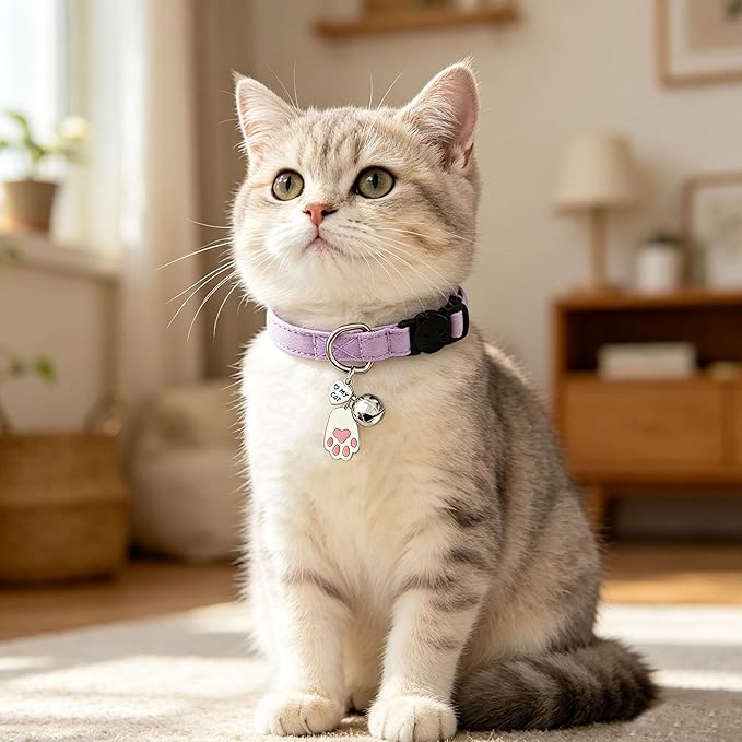 2 Pack Cotton Breakaway Cat Collars with Bell and Charms Purple Solid Plaid Safety Collars for Girl Boy Cats, Cat Head and Paw Pendant Cute Kitten Collars