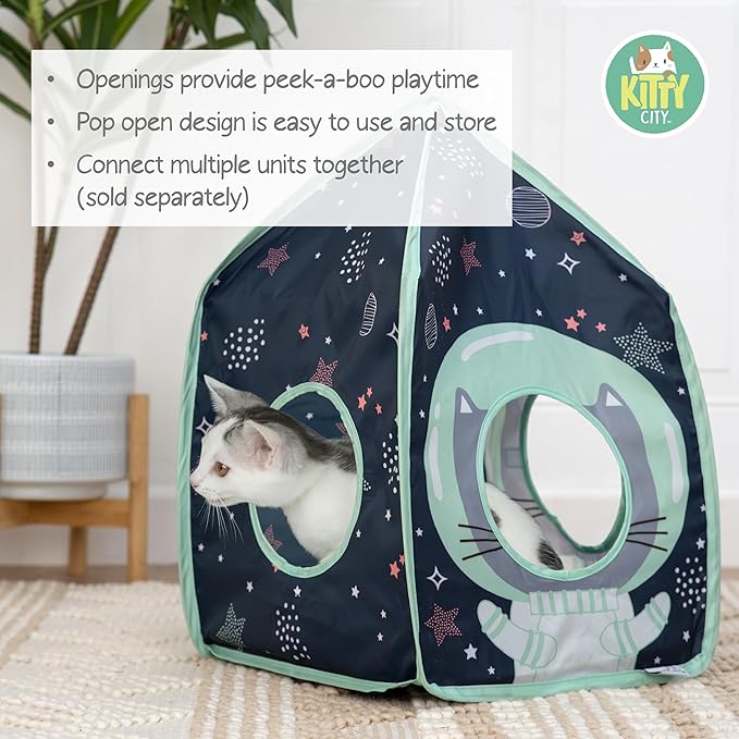 Kitty City Galactic Pop-Up Cat Play House, Collapsible Indoor Cat Hideout with Peekaboo Openings, Lightweight Foldable Cat Cube for Play & Lounging