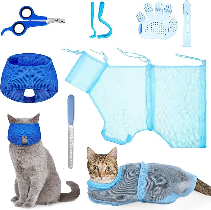 6 Pcs Cat Bathing Grooming Set - Adjustable Mesh Bathing Bag, Nail Clipper, Mesh Muzzle, Massage Brush, Tick Remover Tool & Nail File (Blue)