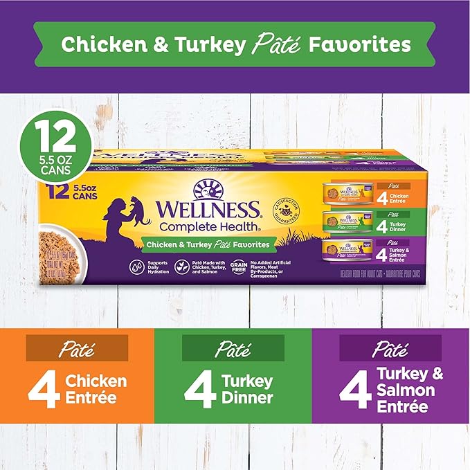 Wellness Complete Health Pate Variety Pack Adult Canned Wet Cat Food, Natural, Protein Rich, Grain Free, Chicken and Turkey Favorites, 5.5 oz, Pack of 12 Cans
