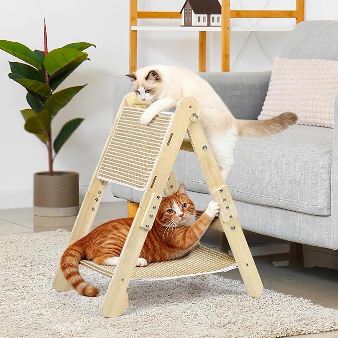 4 In1 Cat Scratching Post Triangular Cat Scratcher for Indoor Cats Kittens, Vertical Cat Scratch Board with Jute Cat Bed, Climbing Ramp and Hanging Ball Toy, Foldable Interactive Scratchers
