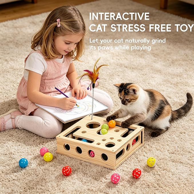 Cat Puzzle Toy & Cat Treat Puzzle, Interactive Cat Scratch with Sandpaper, Cat Scratcher & Nail File, Kitten Toys Cat Claw Saver Box – for Indoor Cat Stress Relief & Claw Care