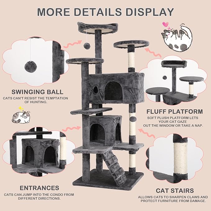 Go Pet Club 54" Tall Multi-Level Cat Tower Furniture with Scratching Post, Toys & House for Indoor Cats