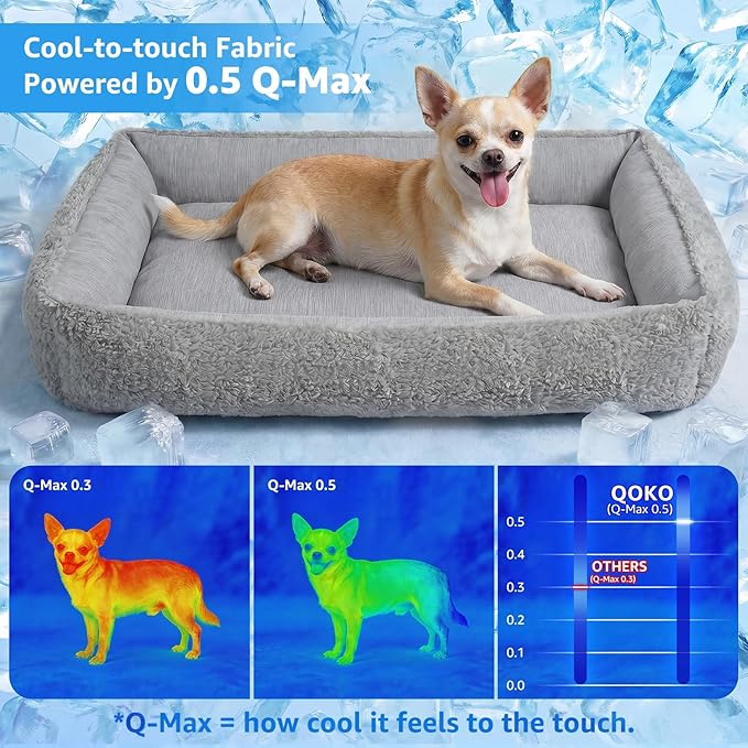 Washable Dog Bed for Small, Medium & Large Dogs - Reversible Design (Ice‑Silk Cooling Layer | Sherpa Fleece Layer), Rectangle Dog Beds for Crate, Grey (24" × 15")