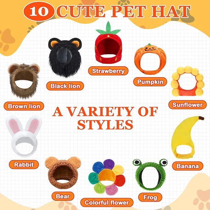 10 Pcs Cat Costumes - Bunny, Bear, Lion, Fruit Shaped Hat - Adjustable Accessory Headwear for Small Dog, Kitten, Puppy - Pet Festival Birthday Theme Party Photo Prop