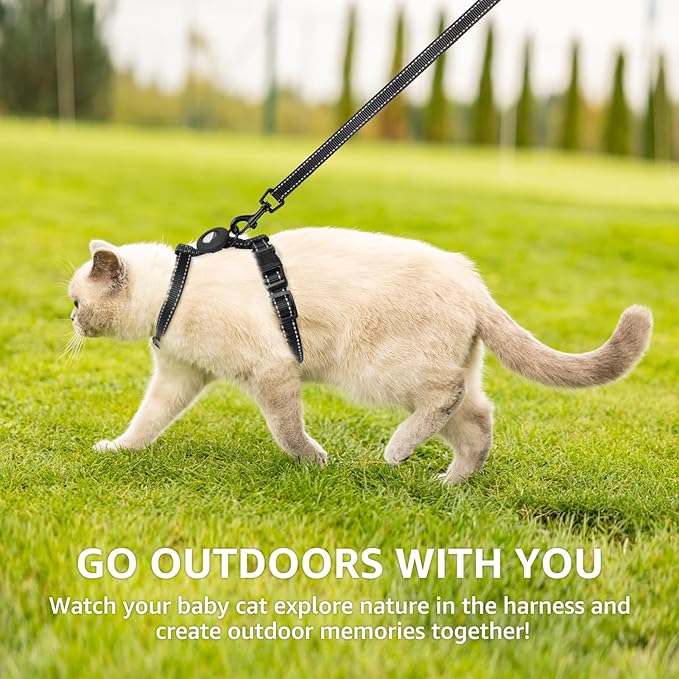 SCENEREAL Cat Harness and Leash Set Escape Proof with Airtag Holder, Reflective Pet Harnesses for Walking, Adjustable Soft Kitty Vest Outdoor Indoor, Cute Travel Boys Girls Small Large Cats, Black