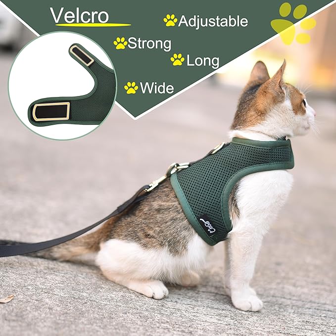 Kitty Harness and Leash for Walking Escape Proof Breathable Mesh Fabric, Solid Green, Small, Adjustable Cat Walking Jackets, Padded Stylish Cat Vest