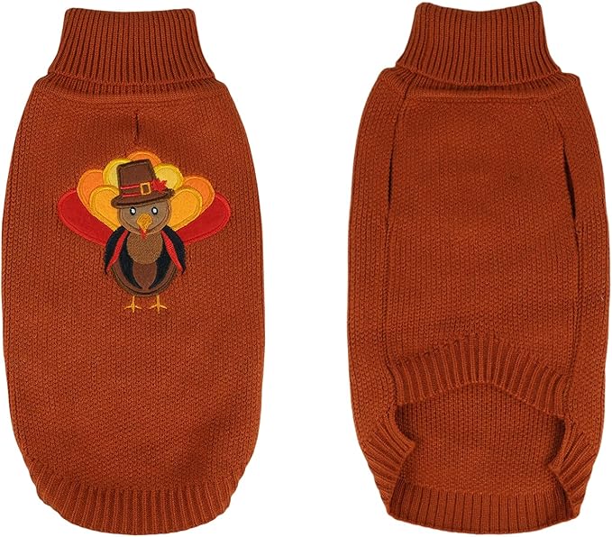 DELIFUR Thanksgiving Dog Turkey Sweater - Cat Turtleneck Knitted Sweater with Leash Hole Thanksgiving Outfit for Small Dog Fall Color (Brown2#, Large)