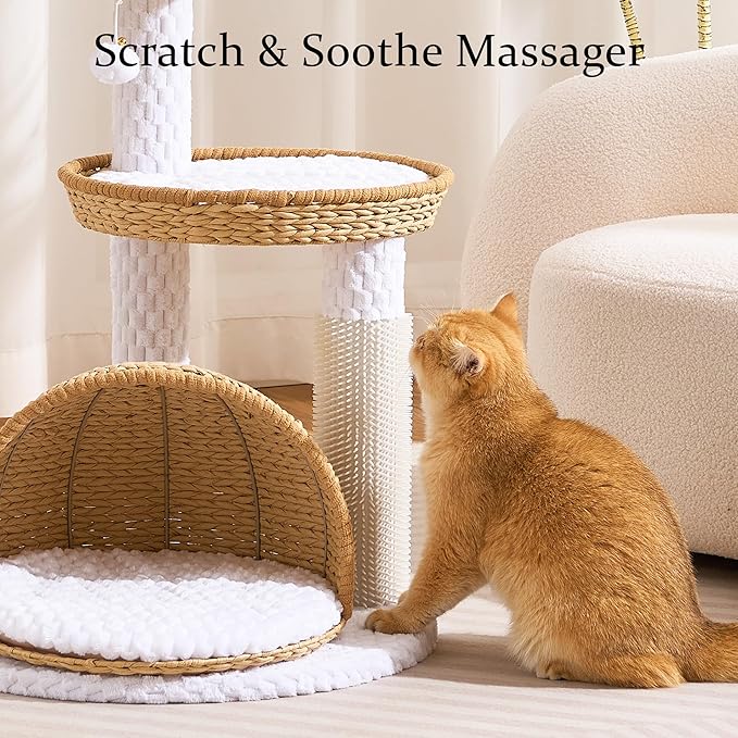 Wood Modern Cat Tree for Indoor Cat, 46" Tall Cat Tower with Scratching Posts, Cat Condo, Aesthetic Multi-Level Cat Climbing Tree with Hand-Woven Bed for Adult Cats-Nature