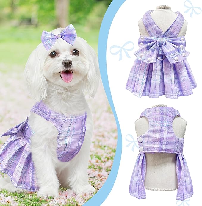 Dog Dress Bowknot Harness Leash Set for Small Dogs Girl Cute Plaid Princess Dress with Pearls Bow Tie Spring Summer Clothes for Puppy Cats Birthday Holiday Outfits Purple X-Large