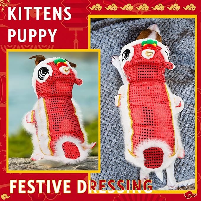 LEIFIDE Lion Dance Dog Costume Chinese New Year Pet Costume with Sequins Chinese Lion Dance Cloth Dog Clothes Hoodies Coat for pet New Year Spring Festival Dress up(Large,Red)