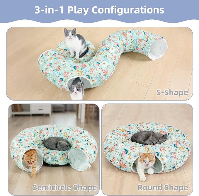 Cat Donut Tunnel for Indoor Cats in Spring & Summer, Cute Cat Tunnel Bed for Large Small Cats, Multifunctional Peekaboo Cat Cave Long Circle Playground Toys for Kitty Puppy Rabbit Ferret,Floral Design
