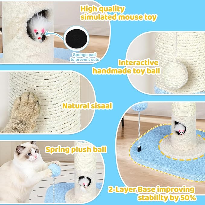 Tall Cat Scratching Post for Indoor Cats Adults, Cat Scratch Post with Sisal Rope Claw Scratcher, Solid Wood Cat Tower with Scratching Post and Cat Toys Mouse Hole, Cute Small Cat Tree, (Blue Sky)