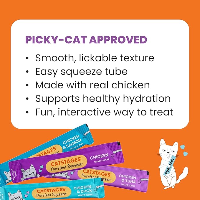 Catstages Purrfect Squeeze Lickable Cat Treats, Creamy Purée Squeezable Treat & Topper, 0.5 oz Tubes, 20-Count, 4-Flavor Variety Pack