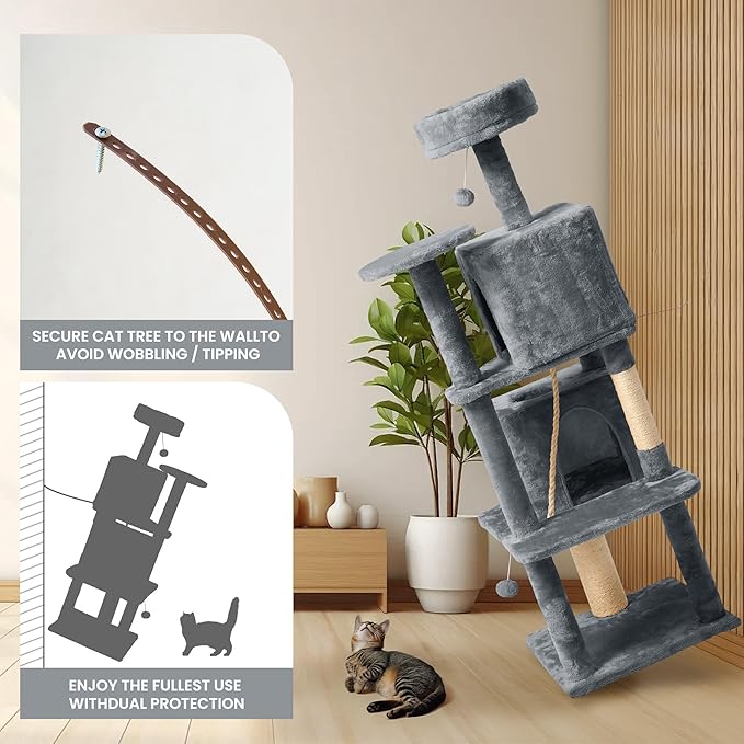 59in Large Cat Tree Tower for Indoor Cats with Soft Plush Hang Ball, Two Condos, Sisal Scratch Posts & Rope Play for Kittens/Adult Cats, Grey