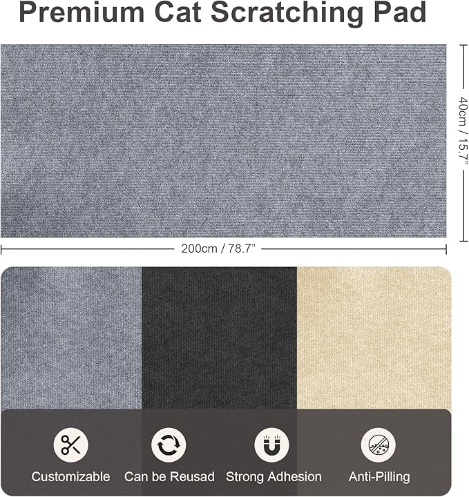 Cat Scratch Furniture Protector, 78.7"x15.7" Trimmable Self-Adhesive Cat Scratching Mat, Corner Couch Protector from Cat Claws, DIY Anti-Scratch Pad Rug for Sofa, Wall, Floor & Door, Gray