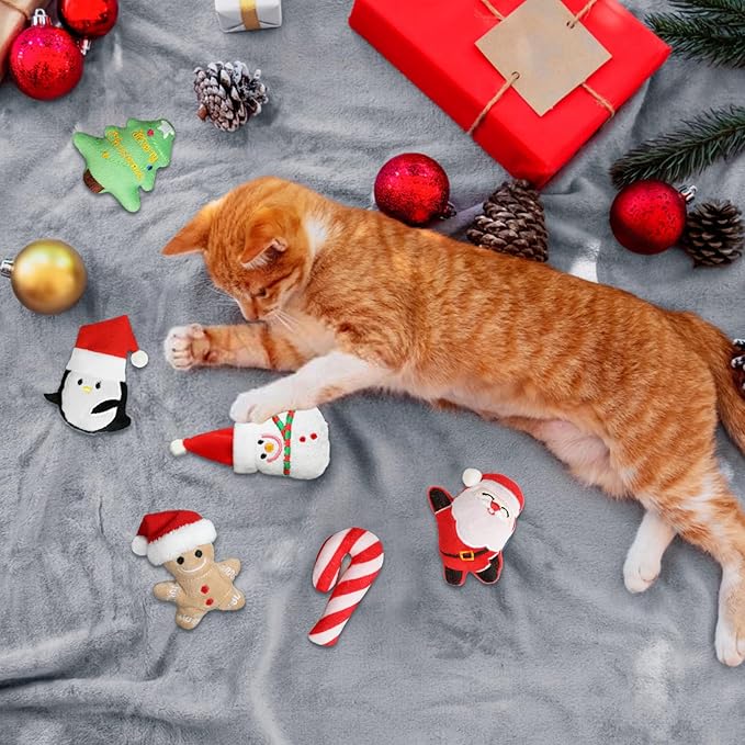 FOIMAS 6pcs Christmas Catnip Toys,Xmas Cat Toys Plush Santa Claus Snowman Tree Interactive Chew Bite Toys for Cat Kitten Indoor