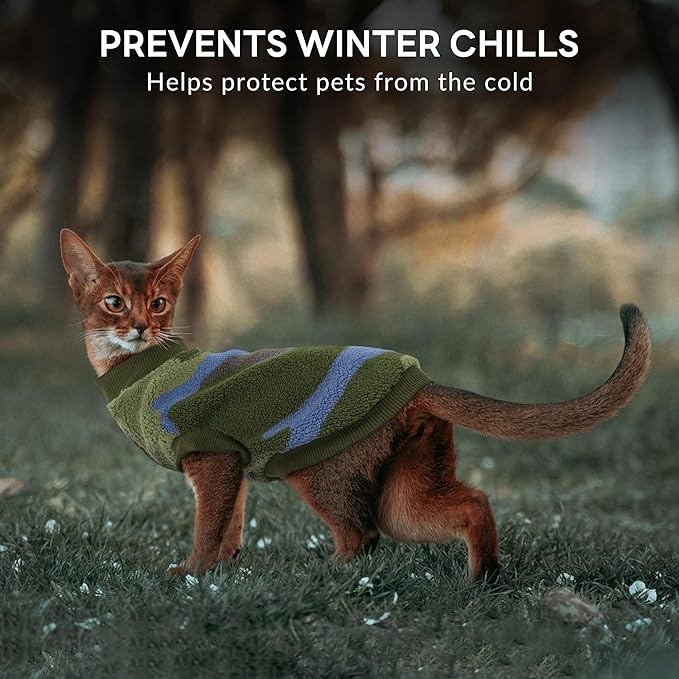 PUMYPOREITY Winter Warm Cat Sweater - Super Soft & Elastic Knit with Plush Fleece, Easy-On Design with Ribbed Neck & Cuffs, Stretchy Cat Outfit for Indoor/Outdoor Use,Green, L