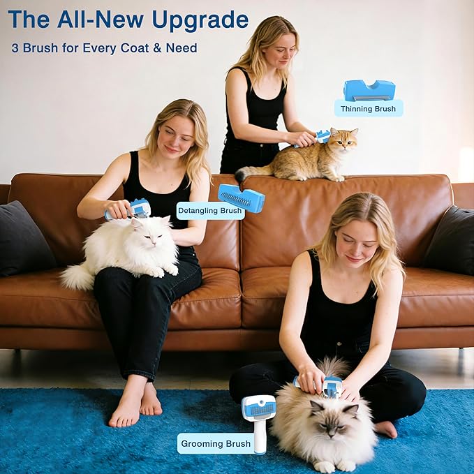 Dog Steam Brush for Dogs & Cats,5-in-1 Self-Cleaning Dog Steam Brush with 3 Swap-in Heads (Grooming, Dematting, Deshedding),Renu Dog Brush for Shedding & Hair Removal,Includes Cat Waterless Shampoo