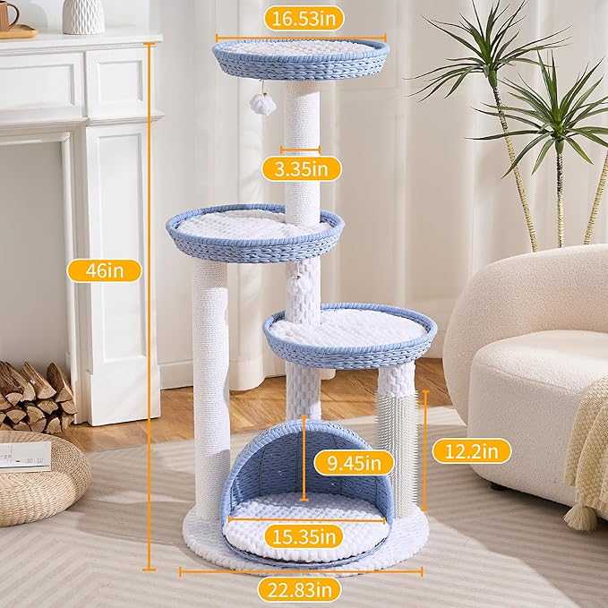 HITTITE Modern Cat Tree Tower with Scratching Post, 46 Inches Tall Cat Towers with Woven Cat Nests and Cave, Multi-Level Cat Tree With Removable Cushions and Massage Brush for Indoor Cats Large Adult.