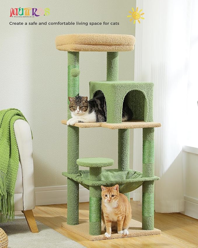 MUTTROS Cactus Cat Tree for Indoor Cats, 45.7" Multi-Level Cat Tower with Large Metal Frame Hammock, Cat Condo with 4 Scratching Posts and Top Perch, Green