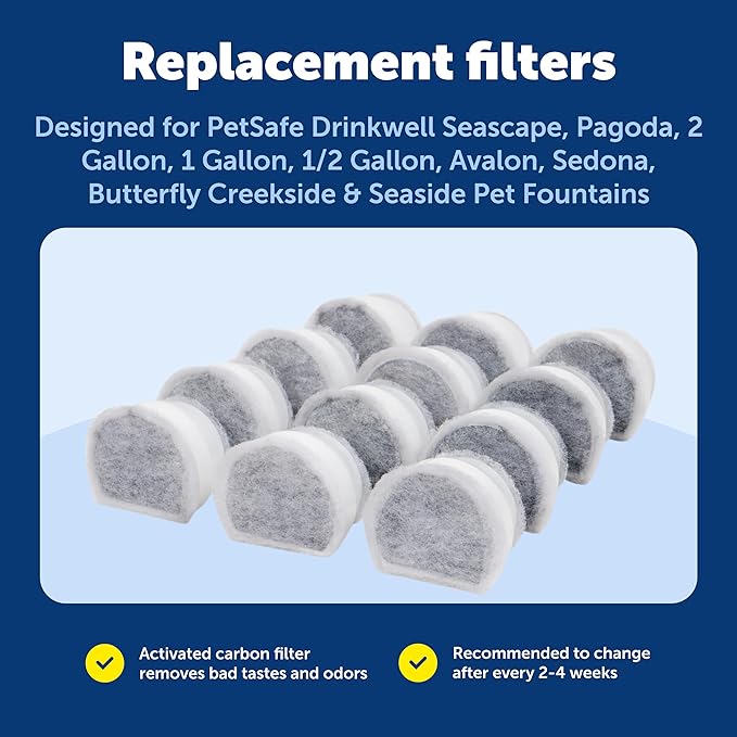 PetSafe Drinkwell Replacement Carbon Filters - Compatible with Drinkwell 1/2 Gallon, 1 Gallon, 2 Gallon, Avalon, Pagoda, Sedona and Seascape Fountains, 12-Pack