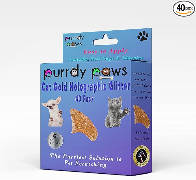 6 Month Supply Soft Nail Caps for Cats Gold Holographic Glitter Small - Extra Adhesives