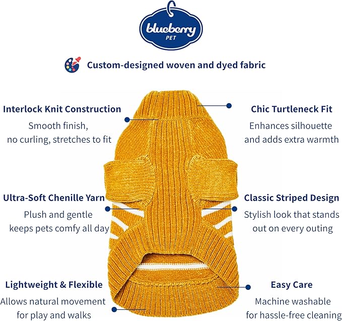 Blueberry Pet Cozy Soft Chenille Classy Striped Dog Sweater in Mustard, Back Length 10", Pack of 1 Clothes for Dogs