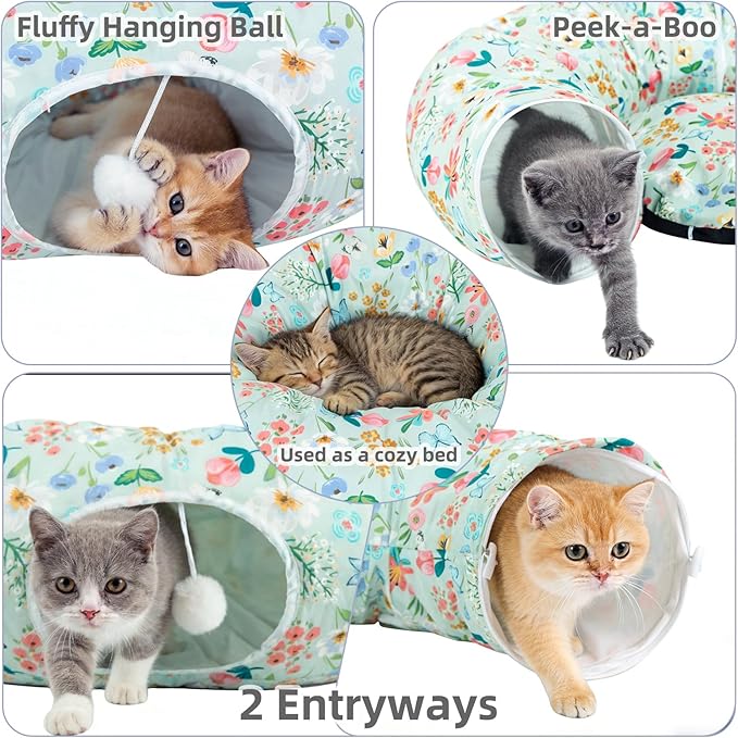 Cat Donut Tunnel for Indoor Cats in Spring & Summer, Cute Cat Tunnel Bed for Large Small Cats, Multifunctional Peekaboo Cat Cave Long Circle Playground Toys for Kitty Puppy Rabbit Ferret,Floral Design