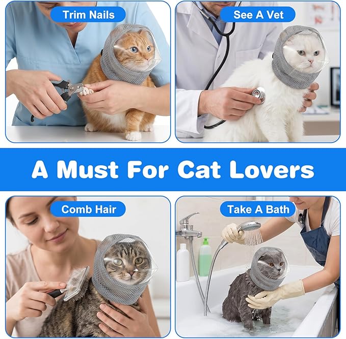 Adjustable Cat Muzzle for Grooming Biting Prevention Breathable TPU Cats Pet Head Cover Cats Helmet for Grooming with Transparent Anti-Bite Bubble Muzzle for Nail Trimming Bathing Vet Visits(S)