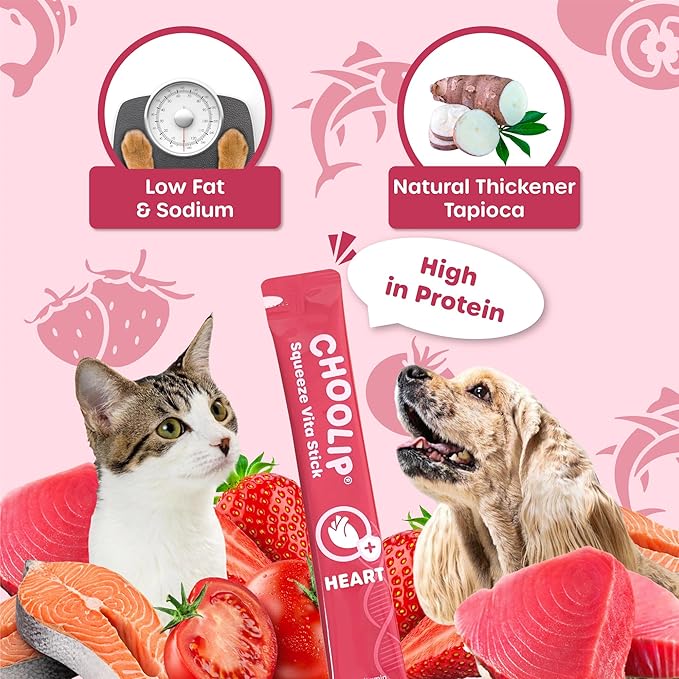Choolip Squeeze Vita Stick Heart Support Cat and Dog Treats – 49-Count Salmon & Tuna Sticks with CoQ10, Taurine and L-Carnitine – Box with 7 Pouches, Vet-Formulated for Heart Health