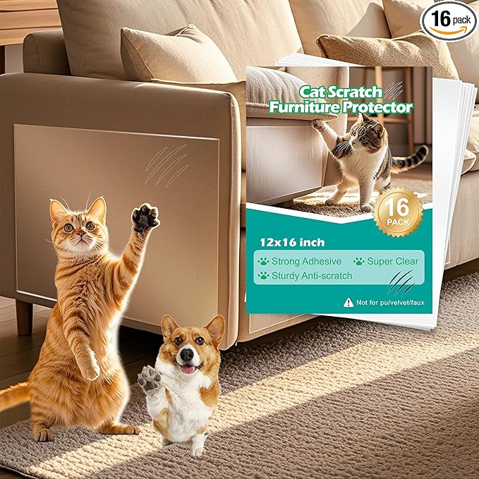 Cat & Dog Scratch Protector 16-Pack (12"x16"/30x40cm) - Clear Self-Adhesive Furniture Tape, Cut to Fit, No Residue Removable Couch Guard for Sofa Door Walls