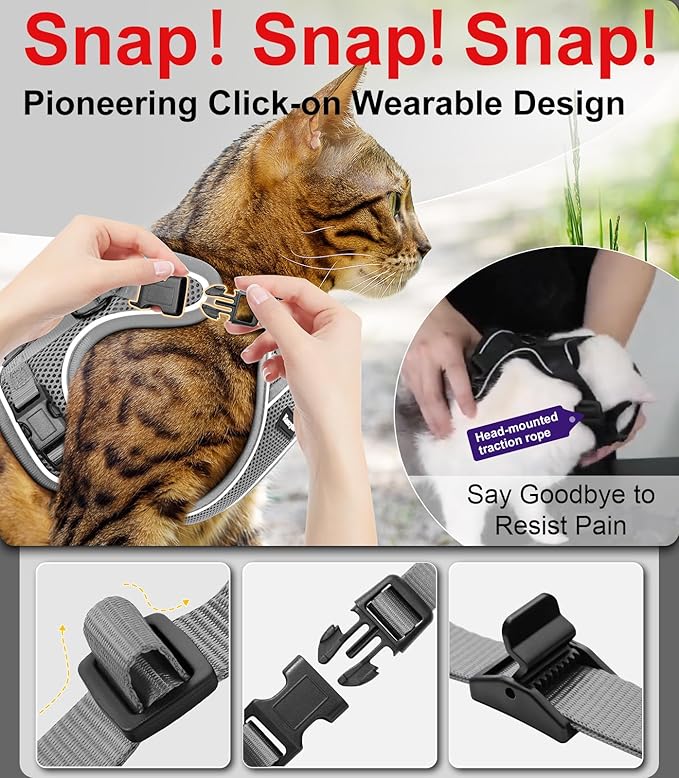 Cat Harness and Leash for Walking Escape Proof Soft Adjustable Cat Leash Breathable Comfortable Vest Easy to Wear Kitten Harness for Outdoor Travel (Grey, S (7-12lb))