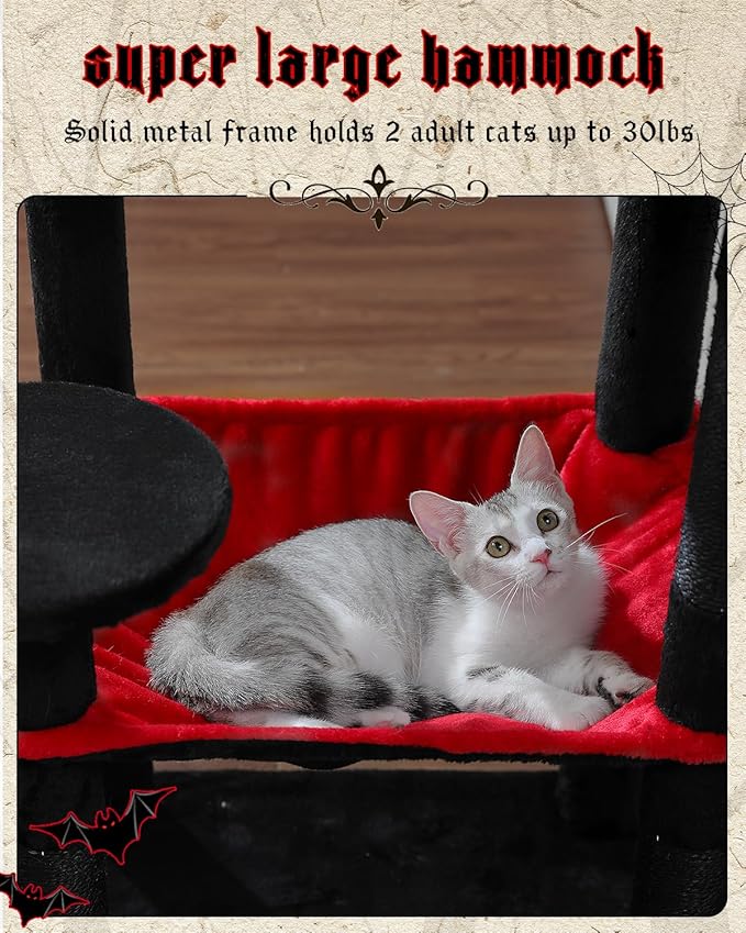 MUTTROS Gothic Cat Tree with Super Large Hammock, 56.3" Black Cat Tower with Coffin Bed, Cat Condo, Sisal Scratching Posts & Top Perch, Multi-Level Goth Cat Tree, Halloween, Black