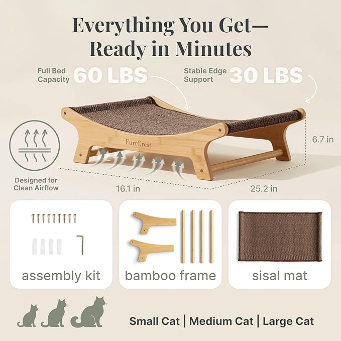 XL Sisal Cat Scratcher Bed with Elevated Hammock for Indoor Cats, Replaceable Natural Sisal Pad, Large Cat Lounge, Anti-Slip No-Wobble Bamboo Frame, Dark Brown Chevron