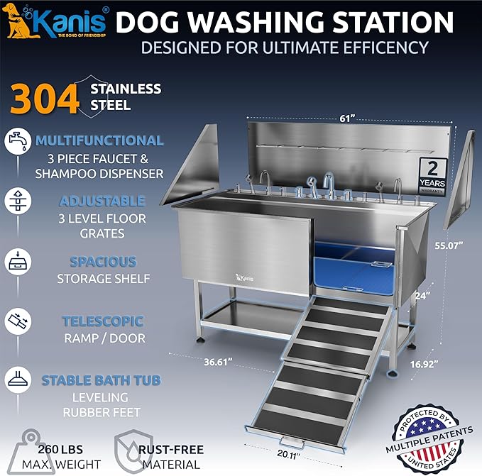 KANIS Professional Dog Washing Station 304 Stainless Steel Pet Wash Sink & Grooming Bathtub w/Shower, Floor Grates and Storage for Large, Medium & Small Pets (Silver, 61 Inches, Right Ramp, Shelf)