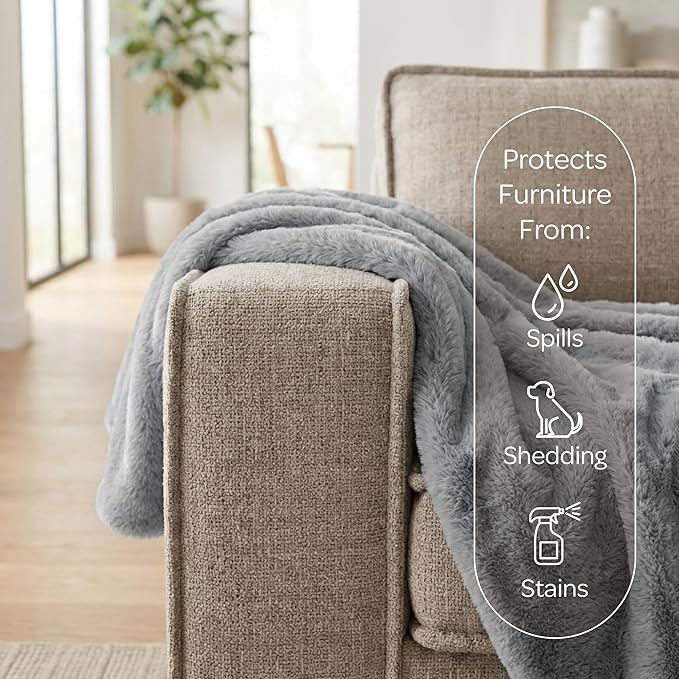 4 Cats & Dogs Pet Faux Fur Throw Blanket – Ultra Soft, Waterproof, Leakproof, Washable, Large (50"x60") Plush Pet Blanket for Couch, Bed, Sofa Protection – Luxurious, Cozy & Durable - Grey
