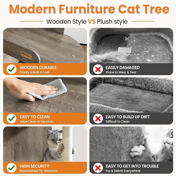 Modern Wood Cat Tree Tower for Indoor Large Cats, Cat Scratching Posts with Big Perch Bed, 44.8" Tall Multi-Level Wooden Cat Condo with Hammock, Removable Pads, Kitty Furniture, Greigy
