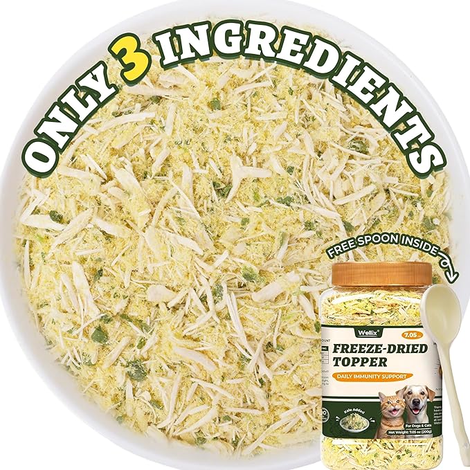 Wellix Freeze Dried Dog and Cat Food Toppers with Kale & Egg Yolk for Picky Pet - High Protein Low Calorie Dog Treats to Support Digestive & Skin Health - Healthy Cat Treats for Indoor Cats 7.05oz