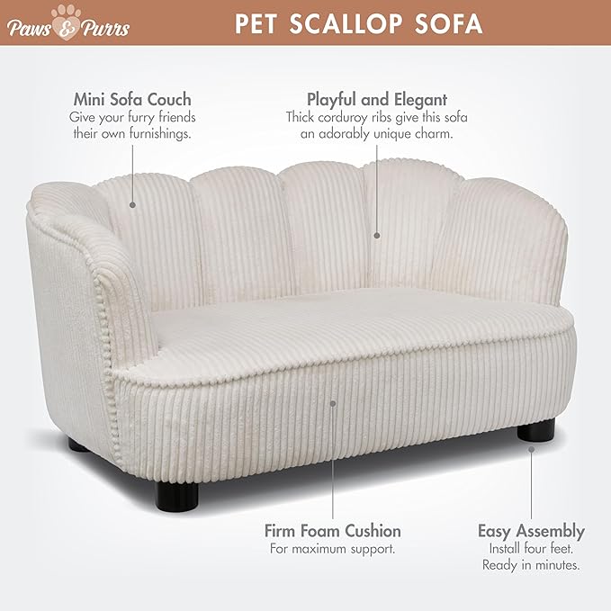 Paws & Purrs Retro Scalloped Back Sofa Style Pet Bed, Dog & Cat Couch with Tufted Cushion & Armrest, Stylish Indoor Pet Furniture, Cream
