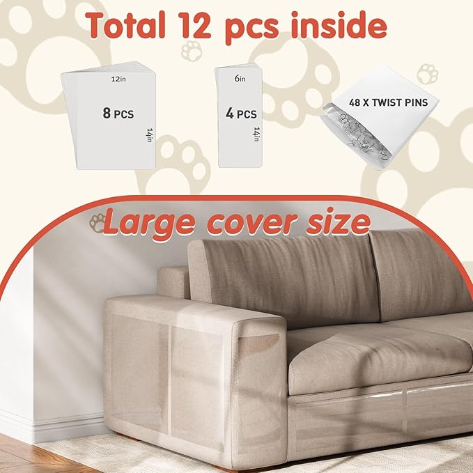 Secopad 12 PCS Large Cat Scratch Furniture Protector, Transparent Couch Protector from Cat Claws, Single-Sided Self Adhesive Anti Pet Deterrent Sofa Cover, 14IN