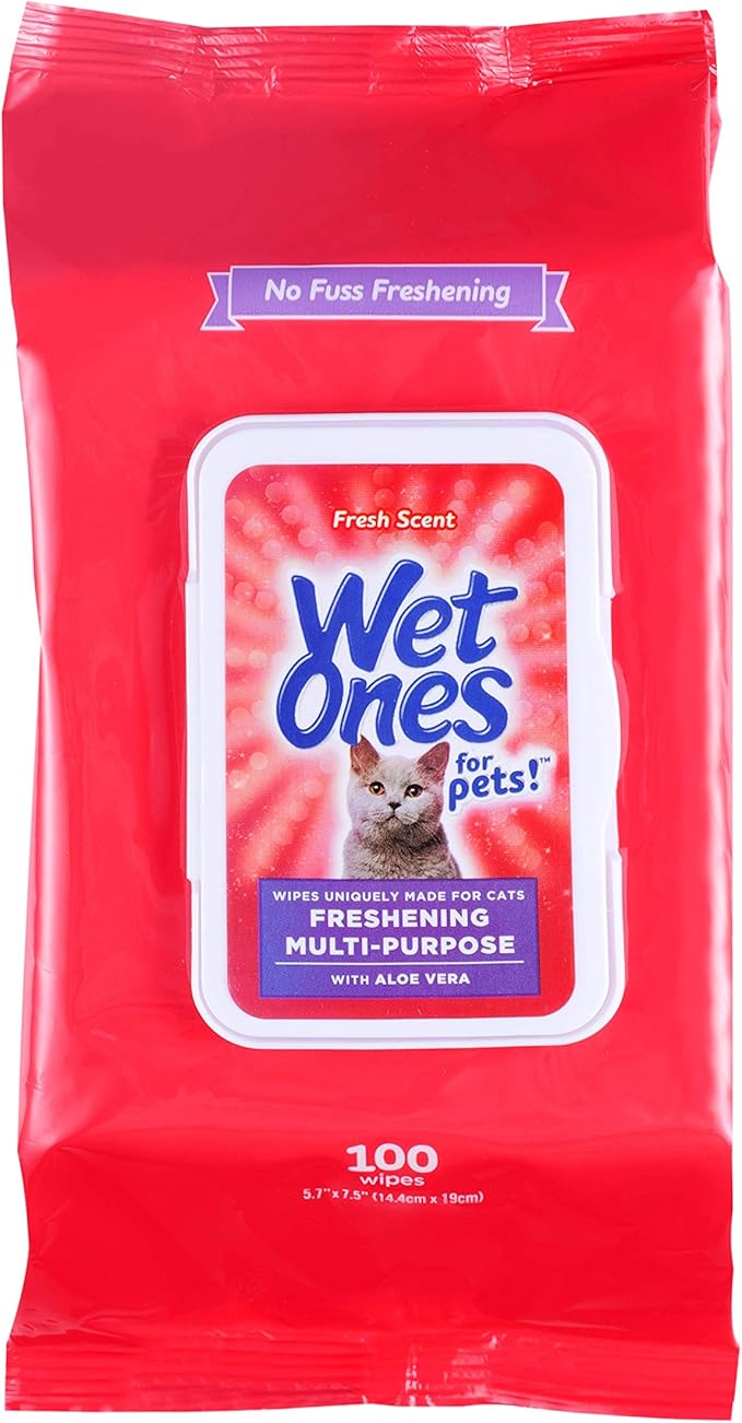 Wet Ones for Pets Freshening Multipurpose Cat Wipes with Aloe Vera, Fresh Scent - Easy to Use Cat Freshening and Grooming Wipes with Wet Lock Seal, 100 Count