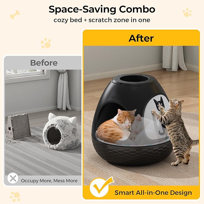 Copod8 Cat Bed Cave for Indoor Cats 4-in-1 Kitten House Cat Bed with Replaceable Scratching Board, Heating Pad, Air Purifier and Artificial Plant for Cats Rabbits Guinea Pigs Small Dogs (Black)