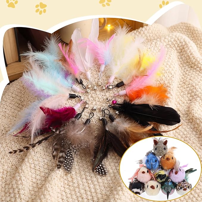 Leitee 30 Pcs Cat Toy Refills Cat Feather Wand Replacement Simulation Bird Insect Mice Toys for Interactive Indoor Outdoor Kitten