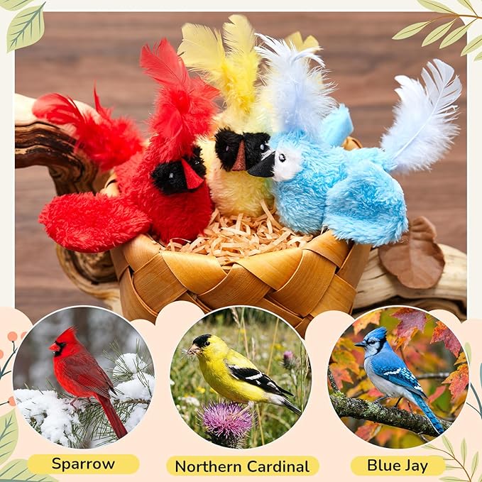 3 Pcs Bird Cat Toy with Chirping Sound, 3.15 Inch Interactive Exercise Toy with Lifelike Bird Chirp, Red Cardinal Blue Jay Goldfinch for Indoor Bored Cats Kittens, Gifts for Valentines Day