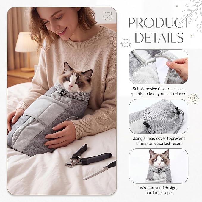 Hsei Cat Grooming Wrap Kit with Nail Clipper and File Self Adhesive Cat Swaddle for Cutting Nails Calm Pet Burrito Wrap Restraint Bag for Nail Trimming, Vet Visits & Medication